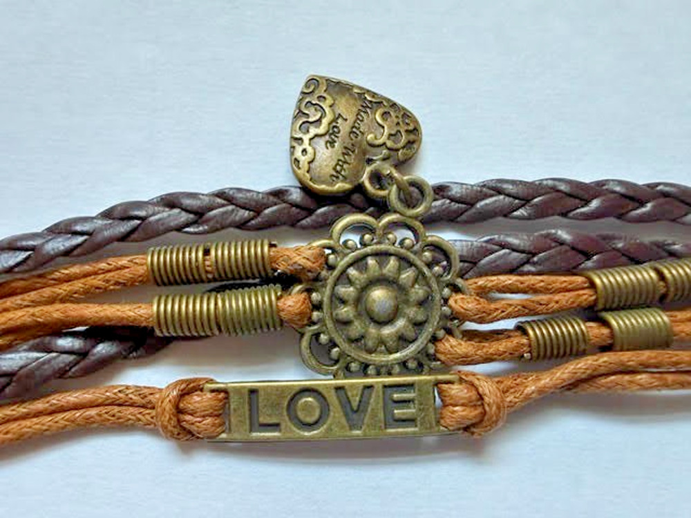 Boho Multi Strand Leather Cuff Bracelet Brown Braided Love Heart Charm Layered